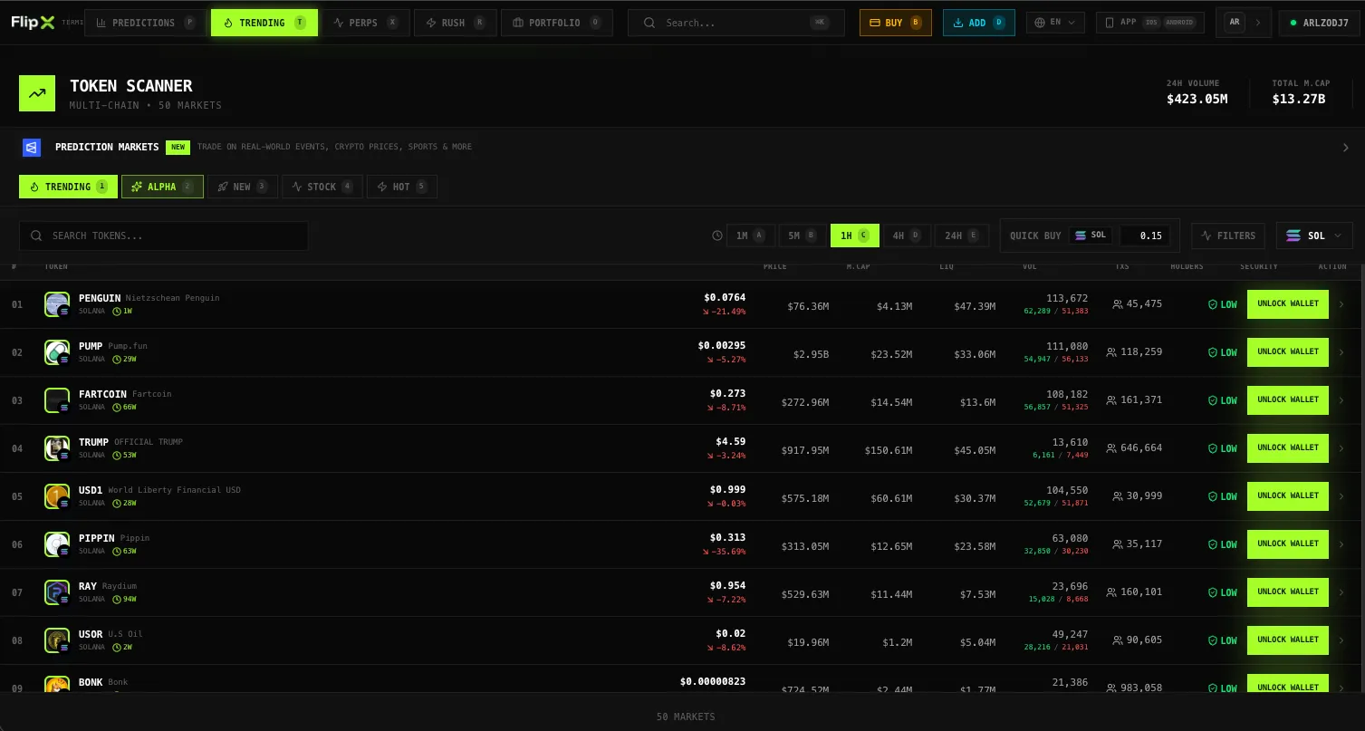 FlipX web terminal for Solana trading