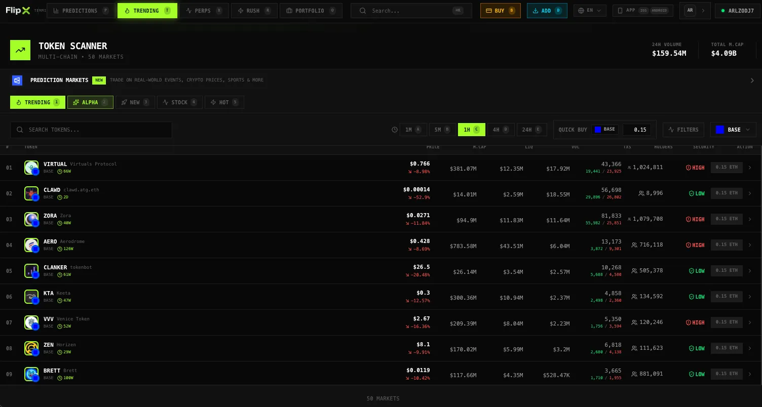 FlipX web terminal for trading tokens on Base L2 chain