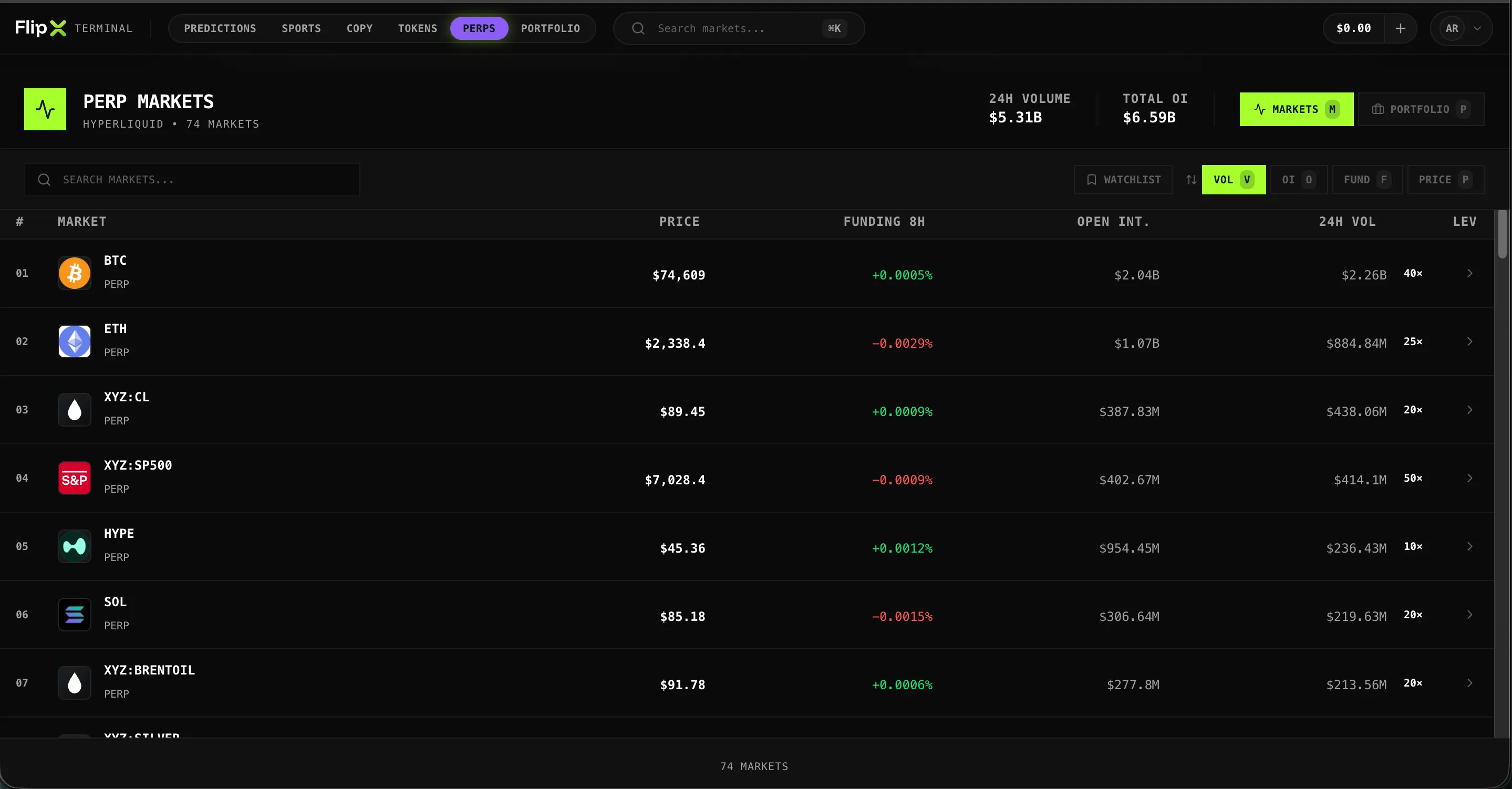 FlipX web terminal for Hyperliquid-style perps trading screen 1