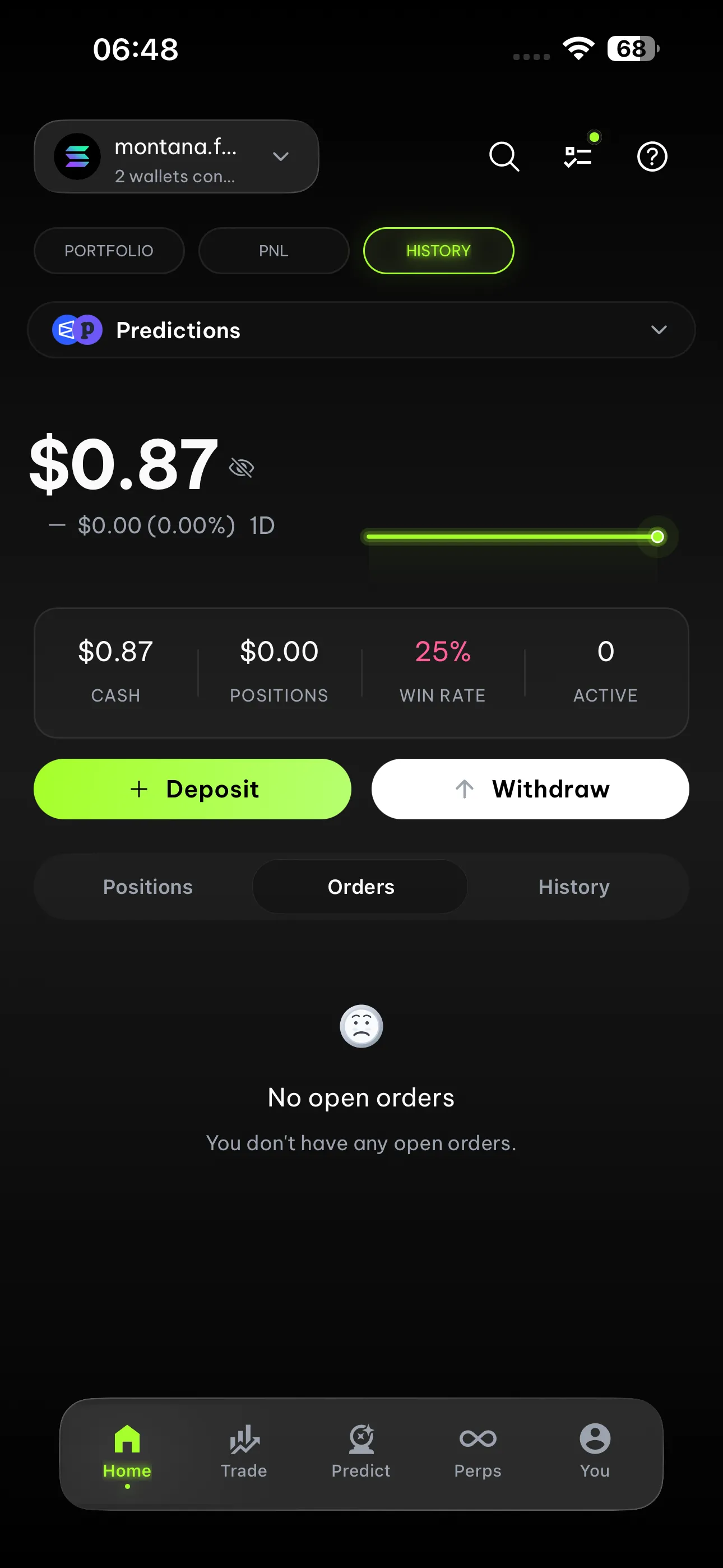 FlipX Polymarket wallet interface on mobile screen 4