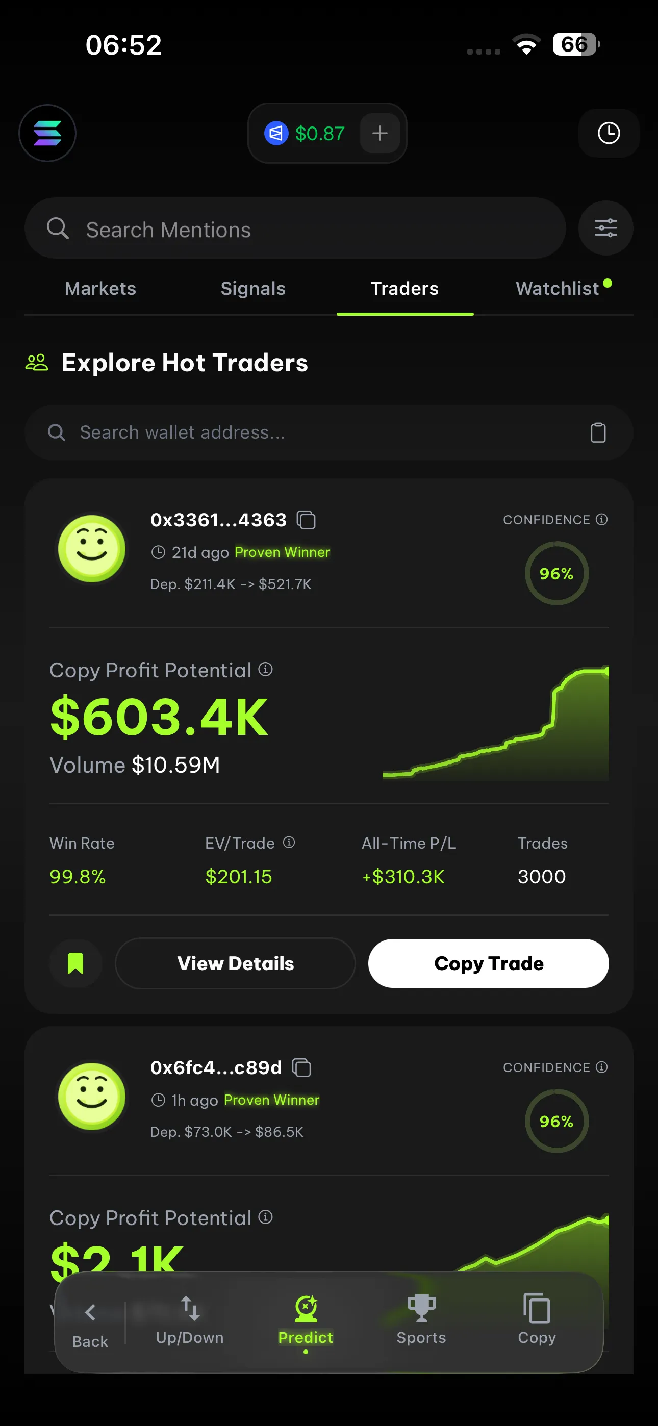 FlipX Polymarket wallet interface on mobile screen 3