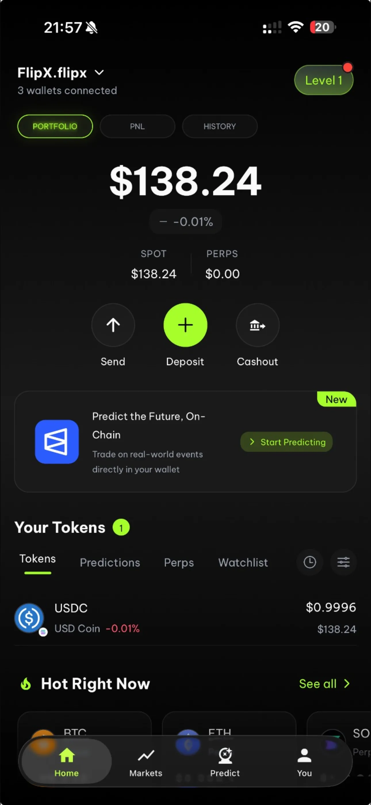 FlipX crypto trading app showing token swaps, portfolio, and real-time prices on mobile