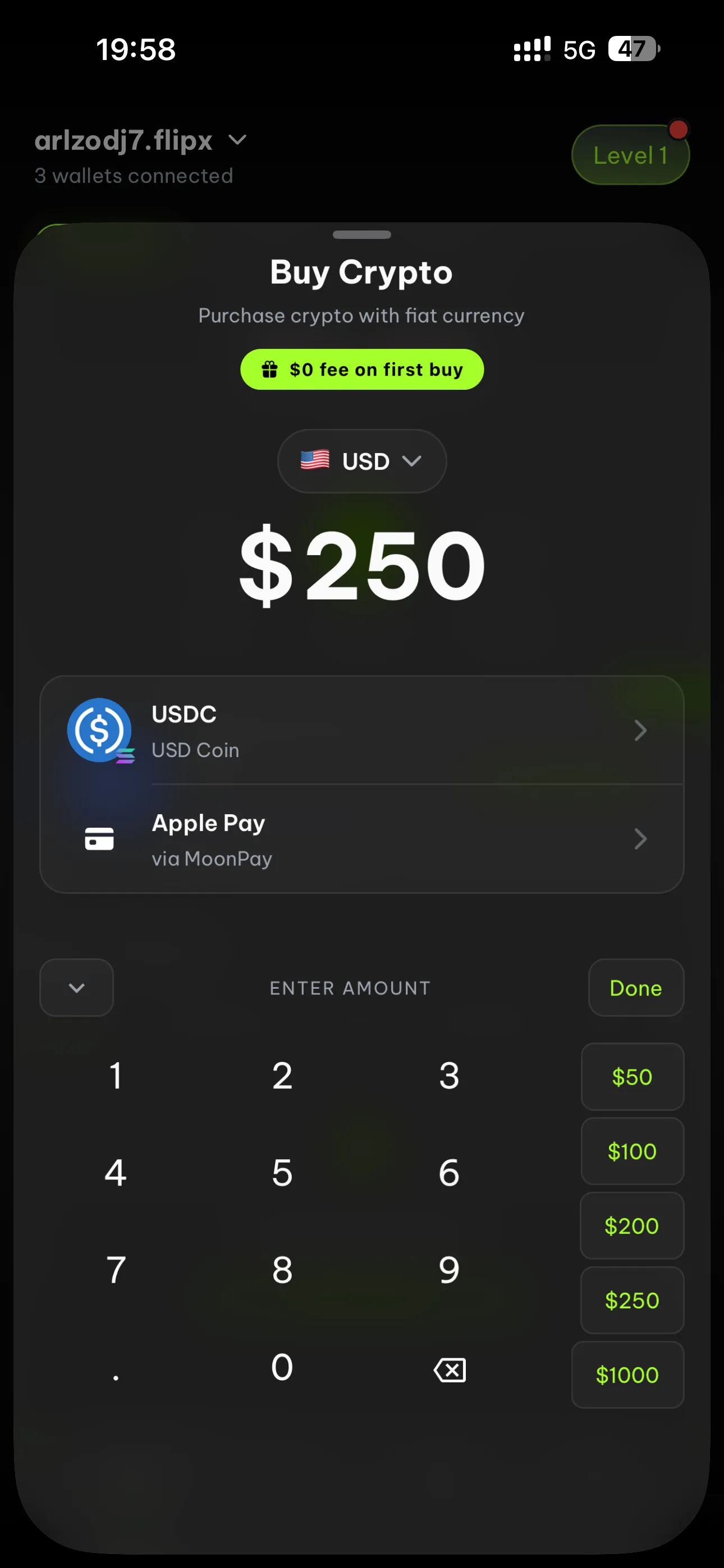 FlipX fiat on-ramp powered by MoonPay — buy crypto without KYC