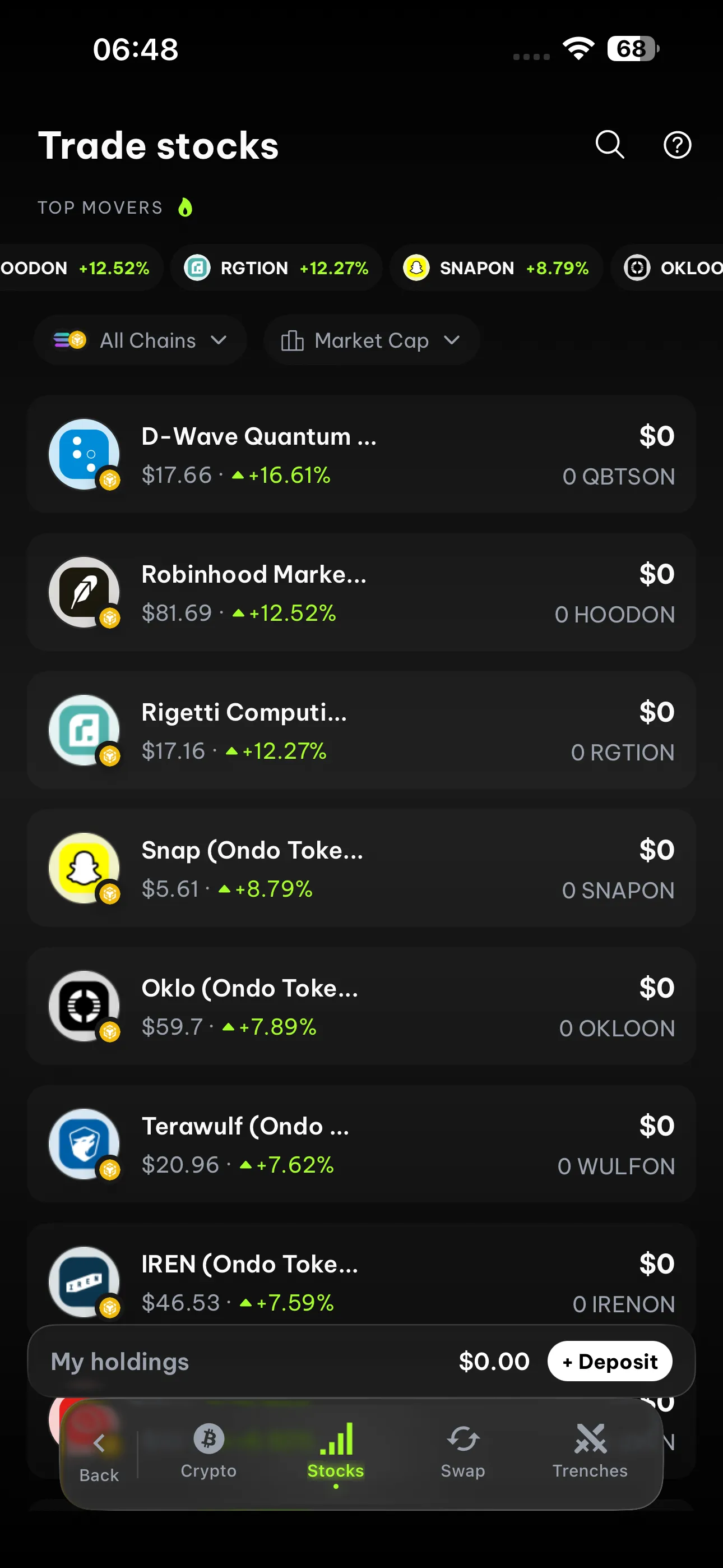 FlipX mobile stocks interface with xStocks and market data screen 1